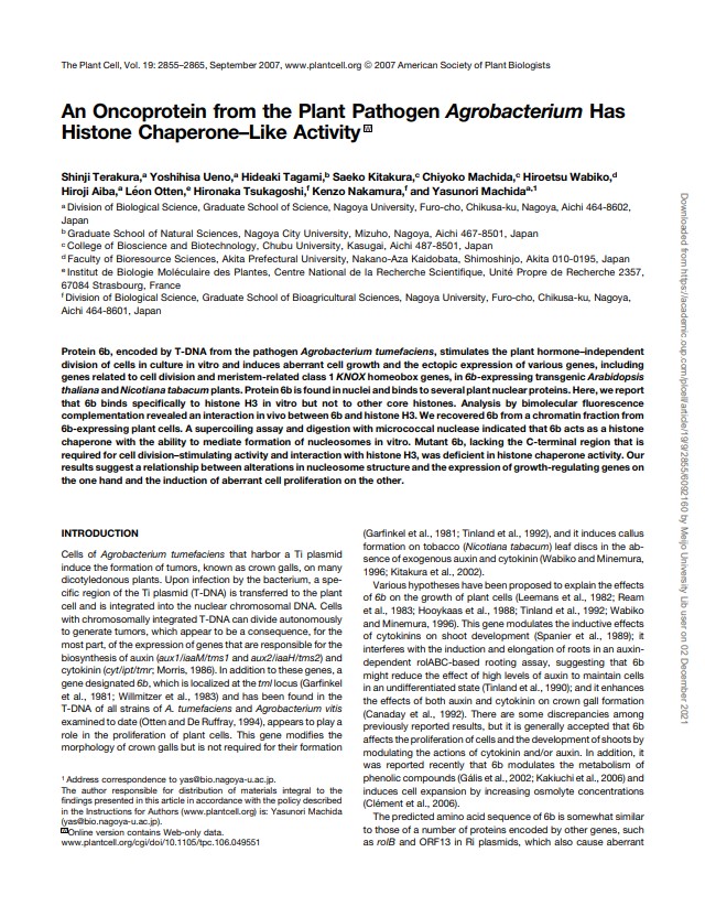 2007 An oncoprotein from the plant pathogen agrobacterium has histone chaperone-like activity
